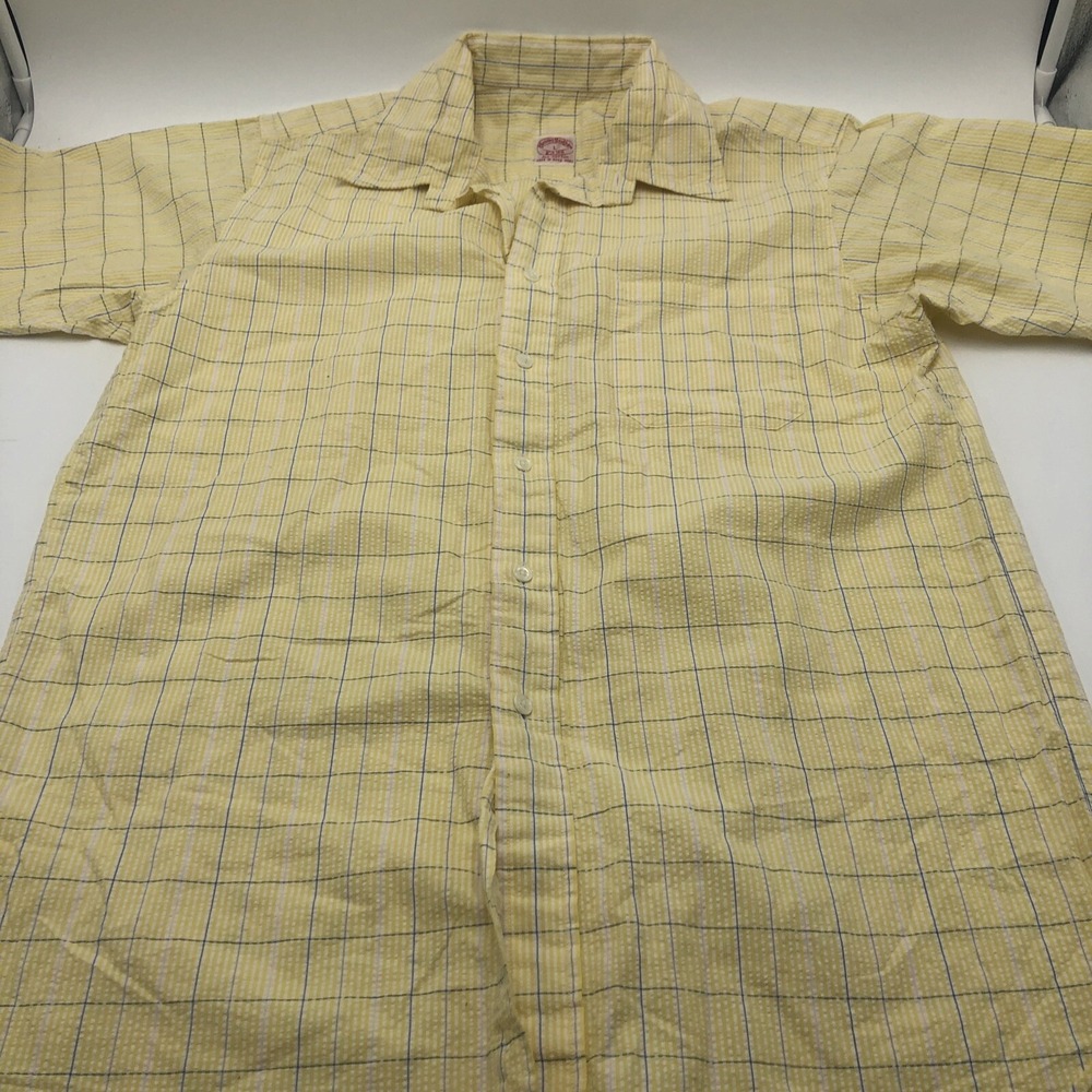 Brooks Brothers‎ Button Down Shirt Mens Short Sleeve Large Yellow Stripes Cotton